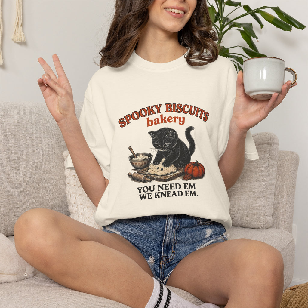 Spooky Biscuits Bakery T-Shirt — "You Need Em, We Knead Em" Halloween Cat Tee
