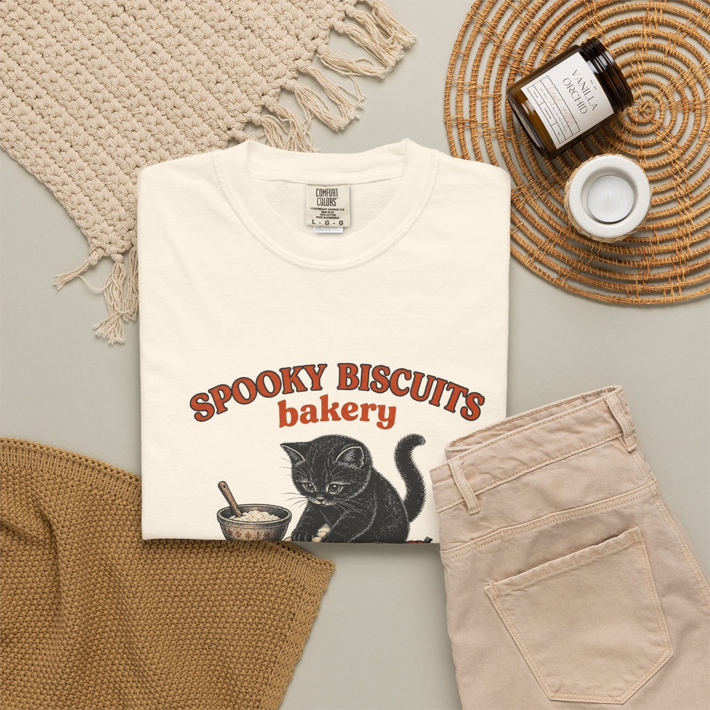 Spooky Biscuits Bakery T-Shirt — "You Need Em, We Knead Em" Halloween Cat Tee
