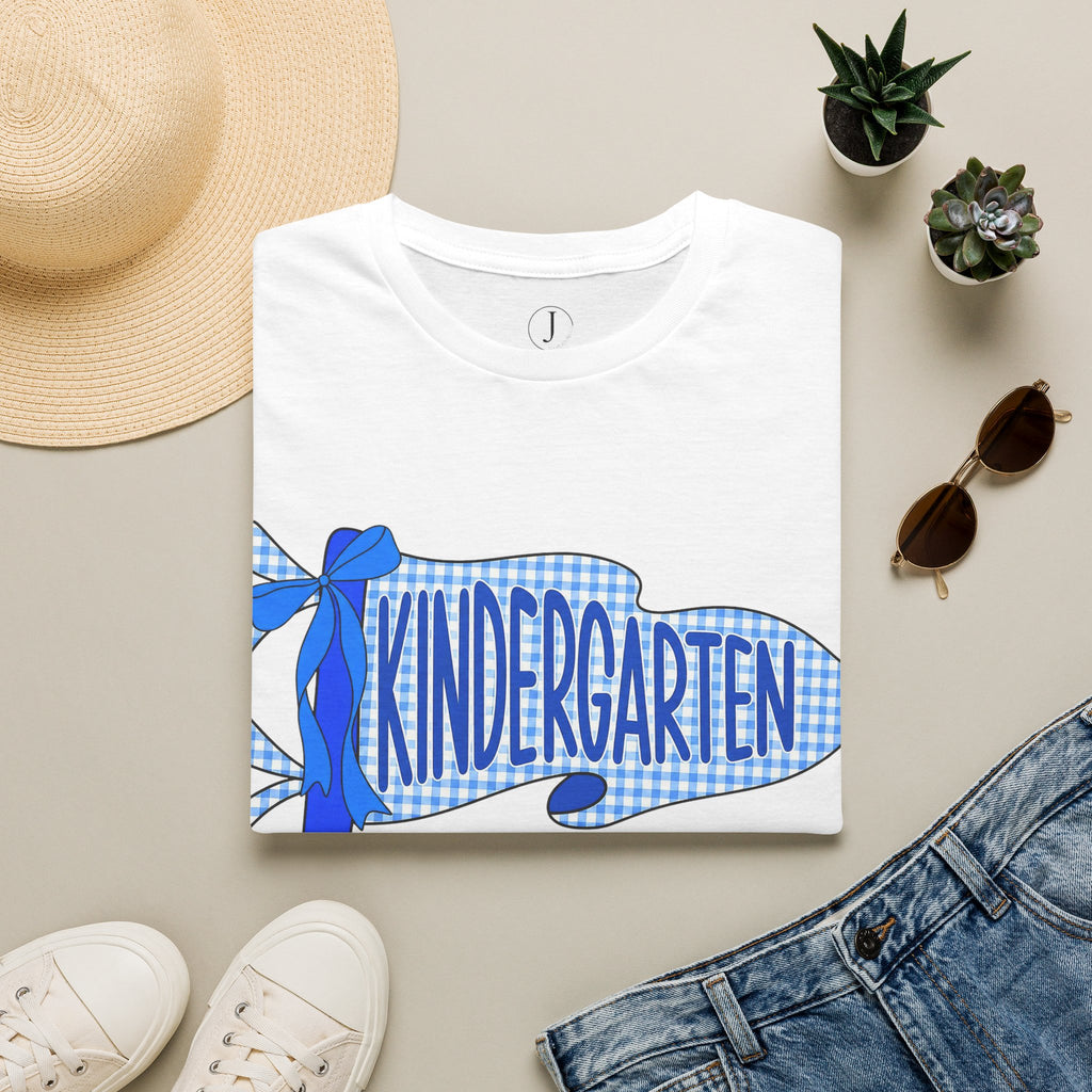 Kindergarten Teacher Shirt – Blue Plaid Ribbon Back to School Tee