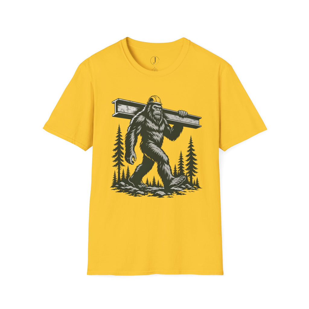 Bigfoot Ironworker T-Shirt – Sasquatch Carrying Beam Construction Tee