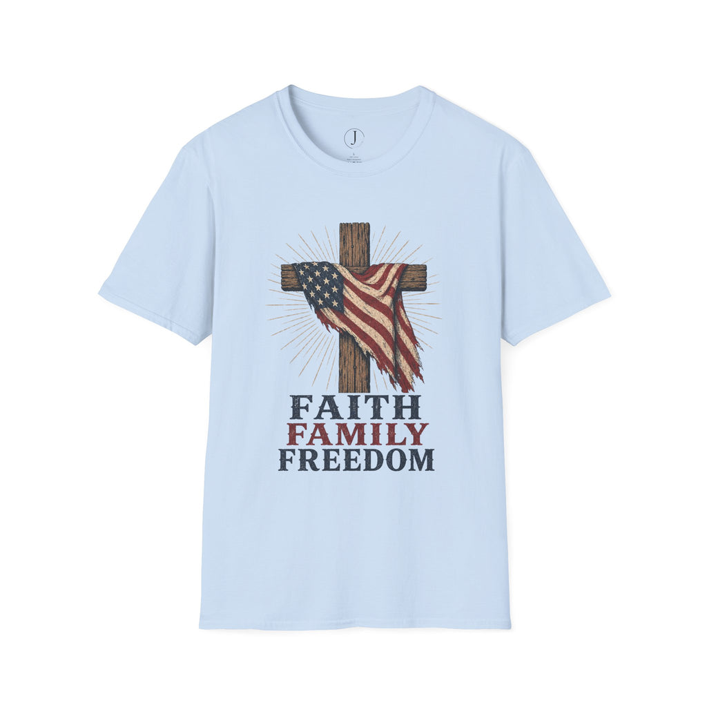 Faith Family Freedom Christian T-Shirt | American Flag Cross Patriotic Tee