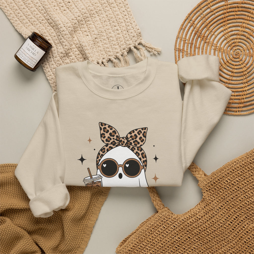 Halloween Ghost Sweatshirt – “Boo-tiful Vibes” Leopard Crewneck
