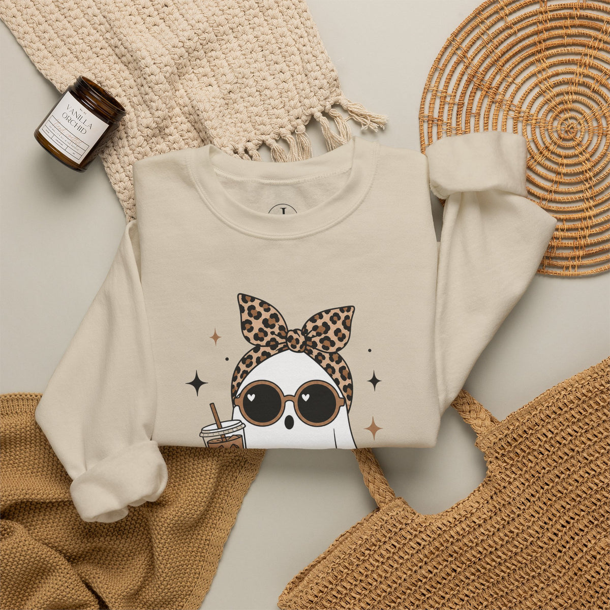 Halloween Ghost Sweatshirt – “Boo-tiful Vibes” Leopard Crewneck