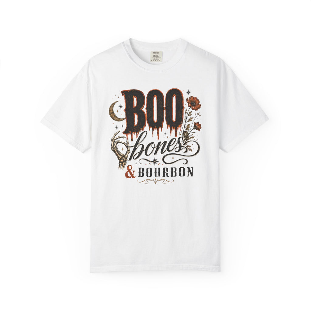 Boo, Bones & Bourbon T-Shirt — Comfort Colors-Halloween Gothic Whiskey Graphic Tee