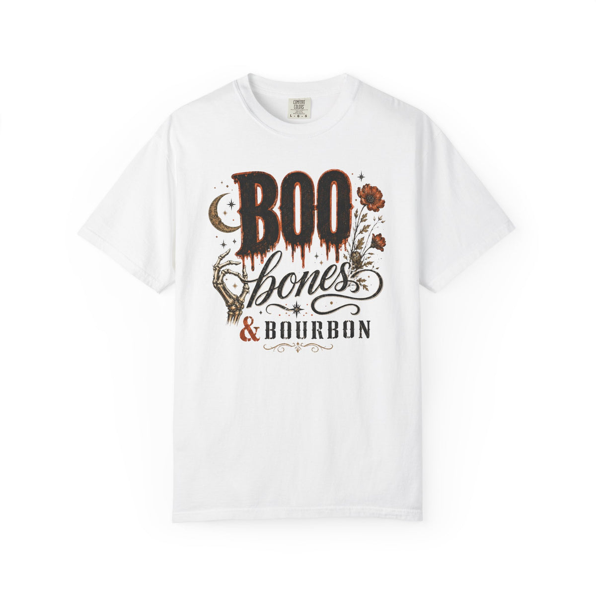 Boo, Bones & Bourbon T-Shirt — Comfort Colors-Halloween Gothic Whiskey Graphic Tee