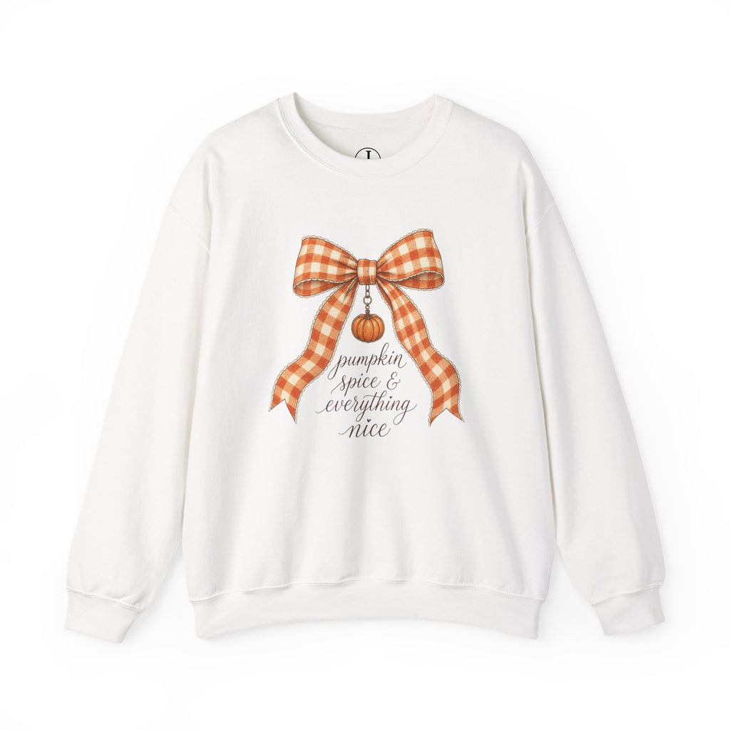 Fall Sweatshirt – “Pumpkin Spice & Everything Nice” Bow Crewneck