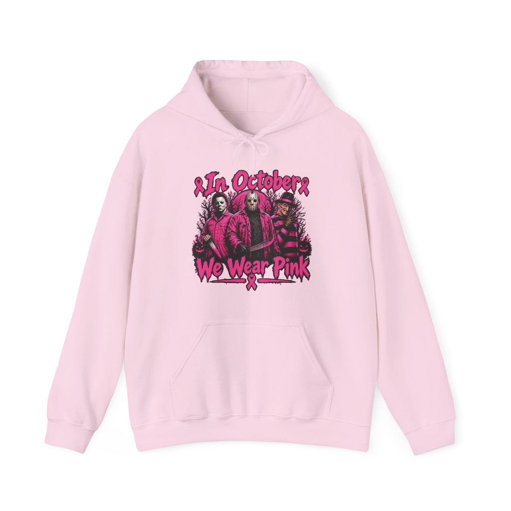 In October We Wear Pink Hoodie – Horror Season Iconic Halloween Villains — Breast Cancer Awareness Hoodie —Pink Out