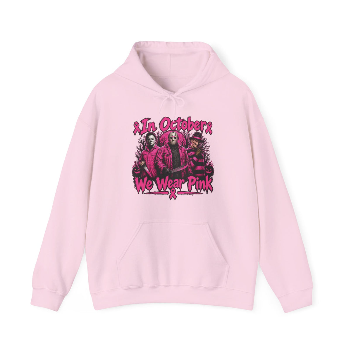 In October We Wear Pink Hoodie – Horror Season Iconic Halloween Villains — Breast Cancer Awareness Hoodie —Pink Out
