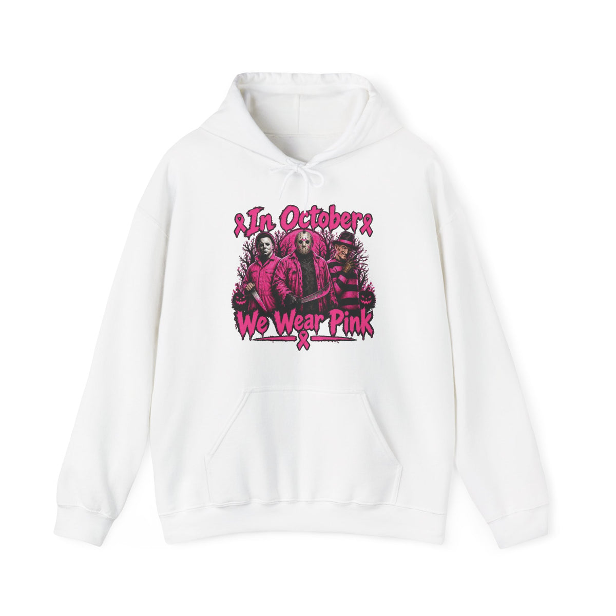 In October We Wear Pink Hoodie – Horror Season Iconic Halloween Villains — Breast Cancer Awareness Hoodie —Pink Out