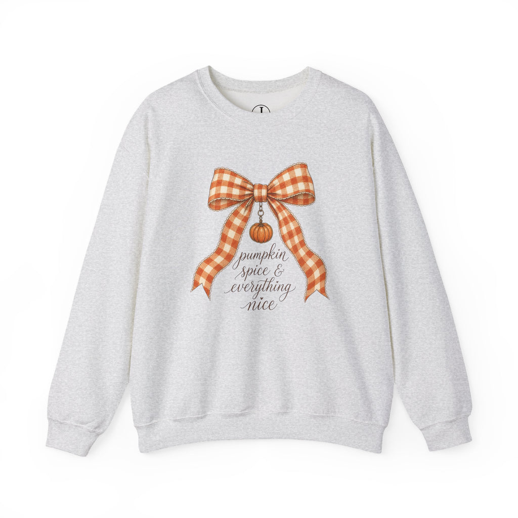Fall Sweatshirt – “Pumpkin Spice & Everything Nice” Bow Crewneck