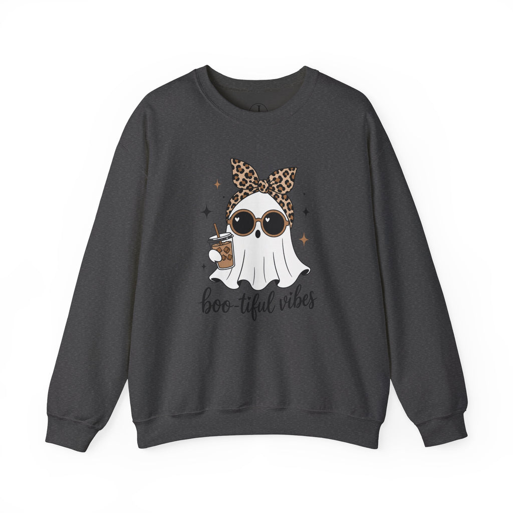Halloween Ghost Sweatshirt – “Boo-tiful Vibes” Leopard Crewneck