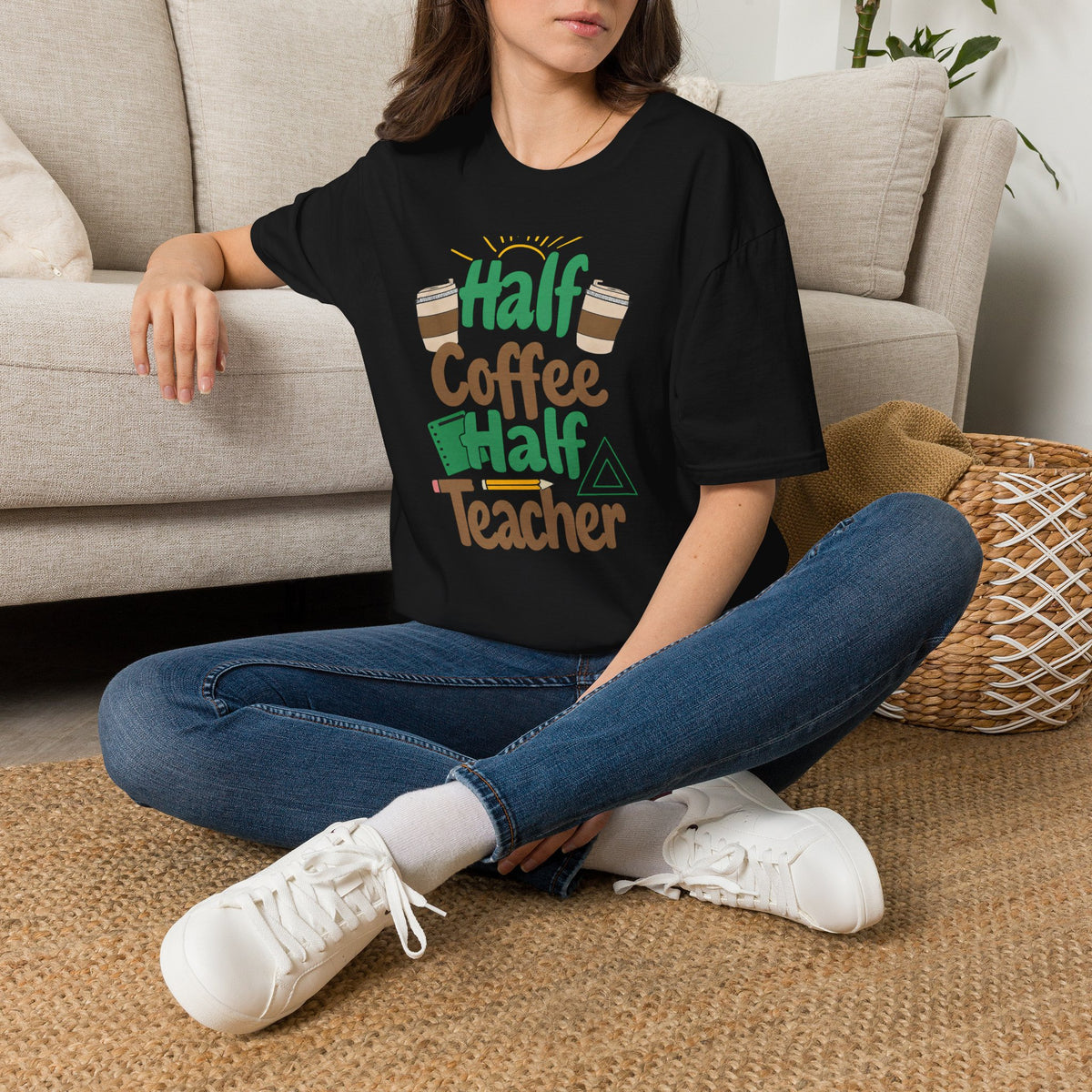 Teacher Shirt – “Half Coffee Half Teacher” Funny Coffee Tee