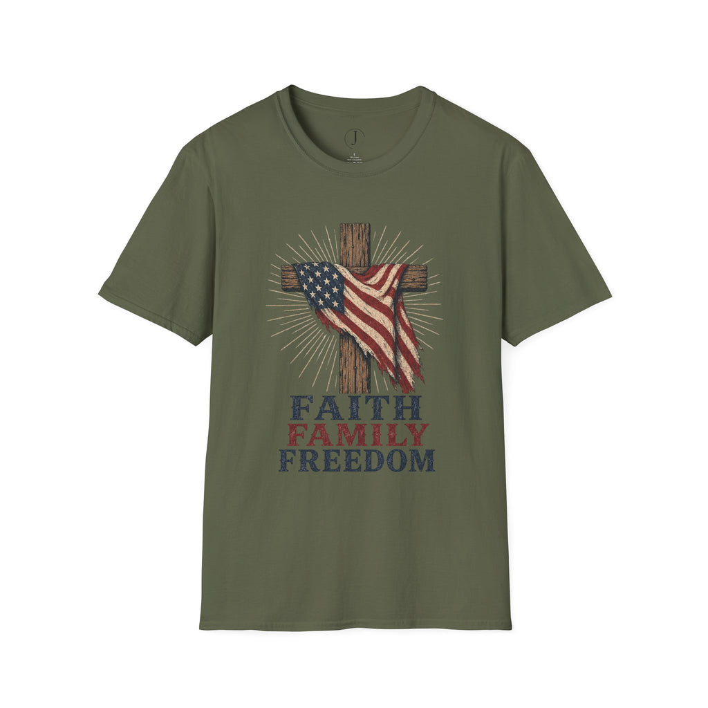 Faith Family Freedom Christian T-Shirt | American Flag Cross Patriotic Tee