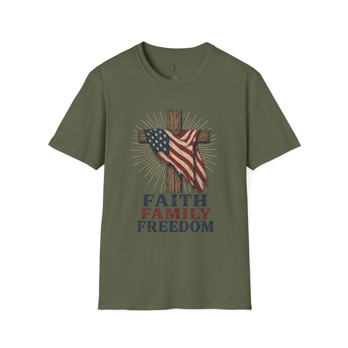 Faith Family Freedom Christian T-Shirt | American Flag Cross Patriotic Tee