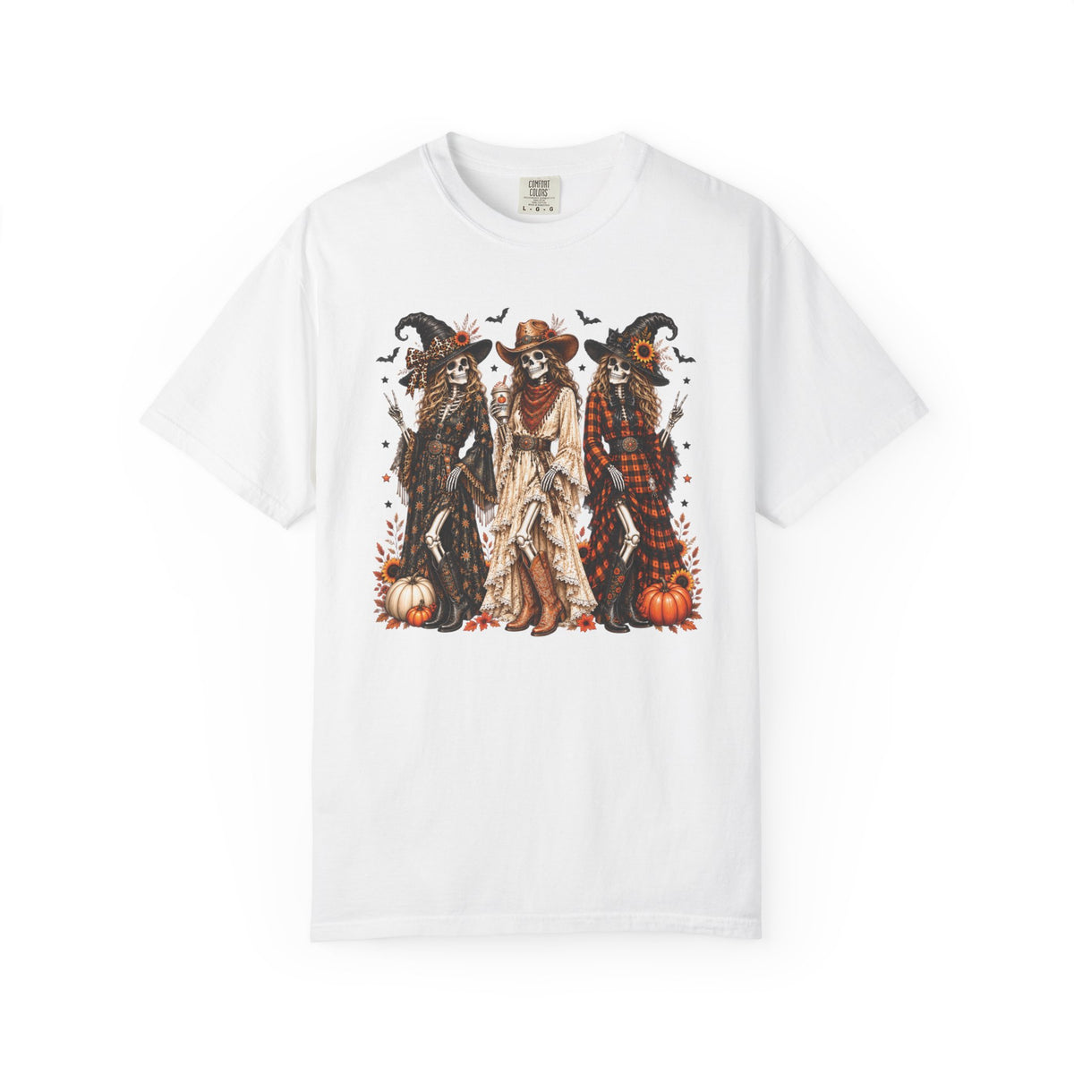 Halloween Witch Trio T‑Shirt — Autumn Pumpkin & Bat Vintage Graphic , Comfort Colors Tee