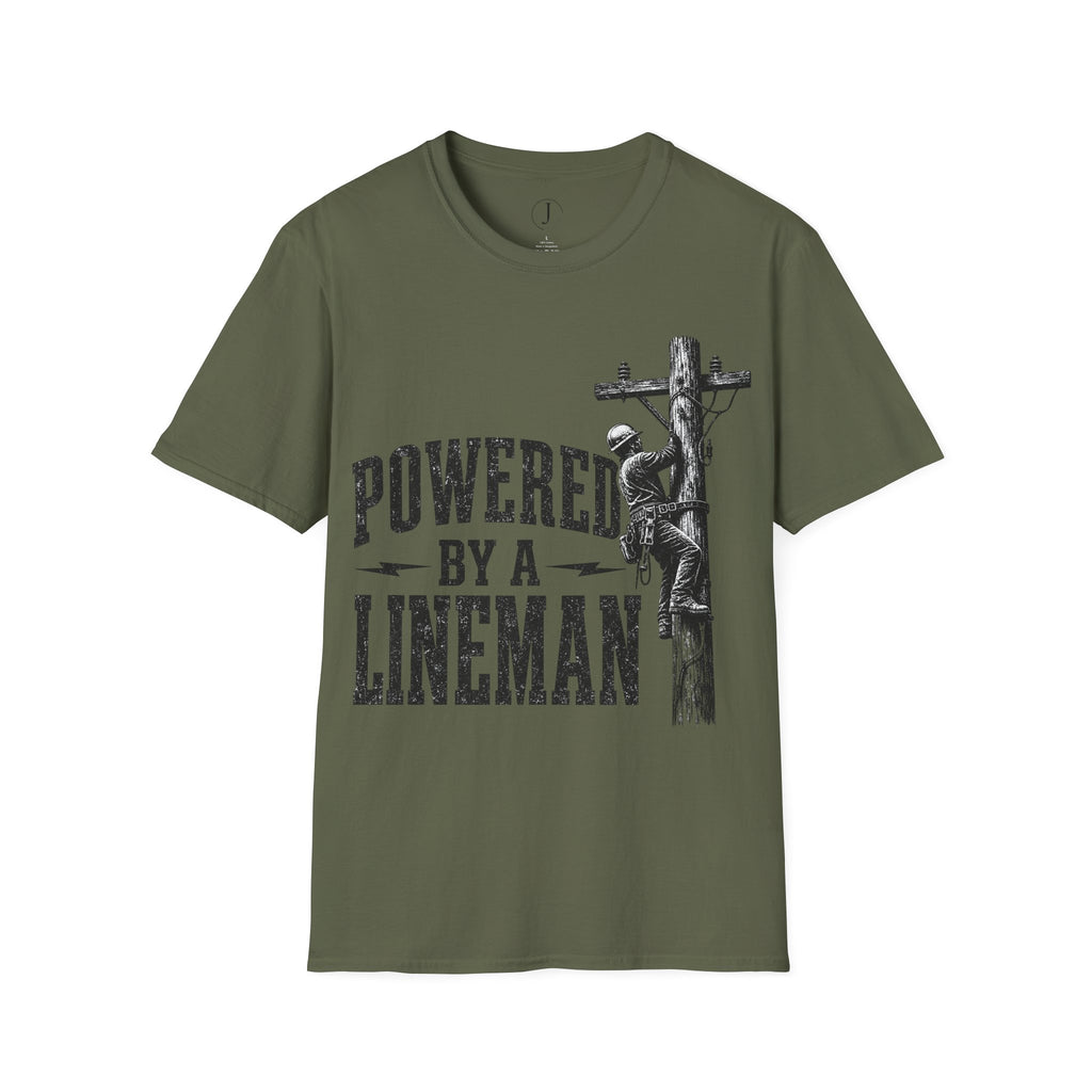 Powered By A Lineman T-Shirt – Power Lineman & Utility Worker Gift