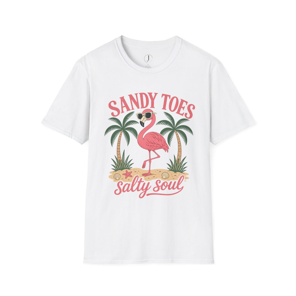 Sandy Toes Salty Soul T-Shirt – Flamingo Beach Vacation Graphic Tee