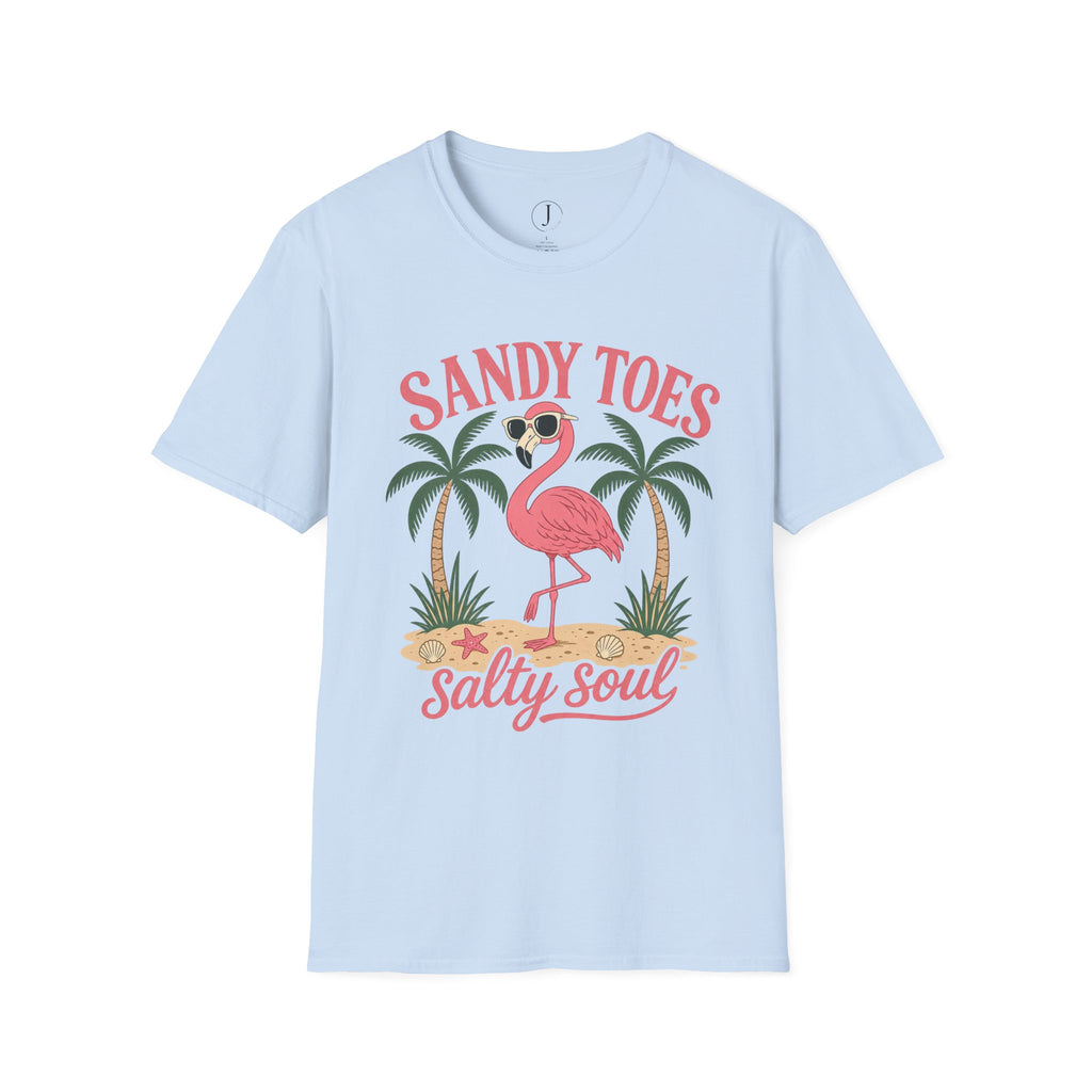 Sandy Toes Salty Soul T-Shirt – Flamingo Beach Vacation Graphic Tee