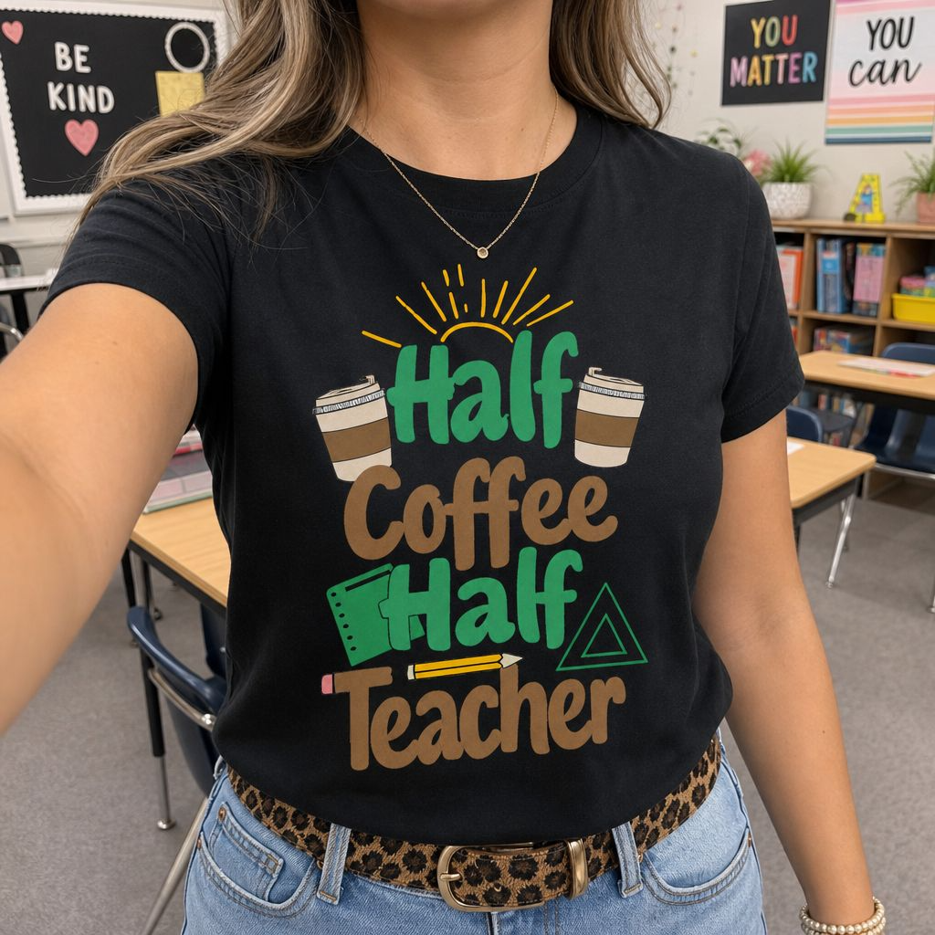 Teacher Shirt – “Half Coffee Half Teacher” Funny Coffee Tee