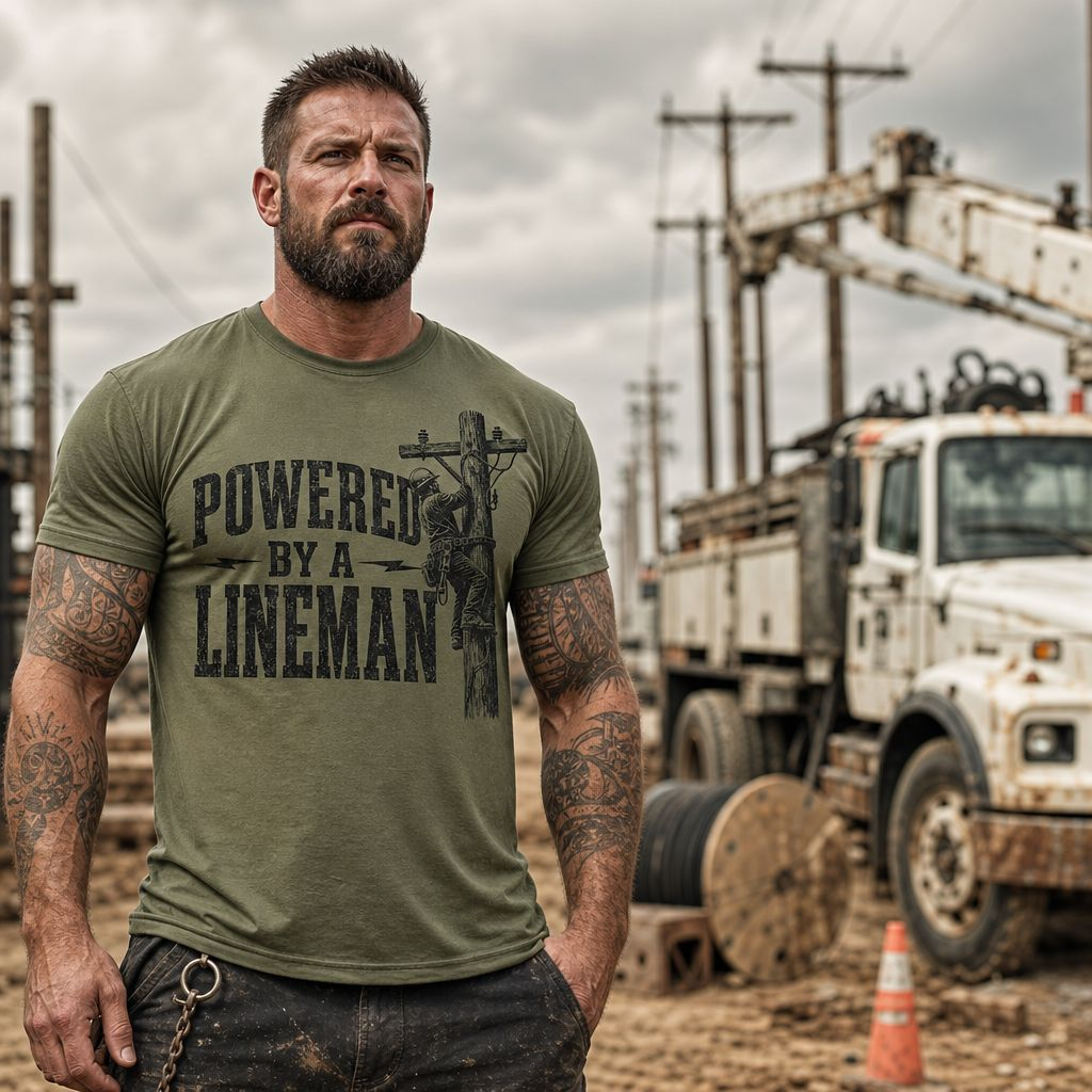 Powered By A Lineman T-Shirt – Power Lineman & Utility Worker Gift