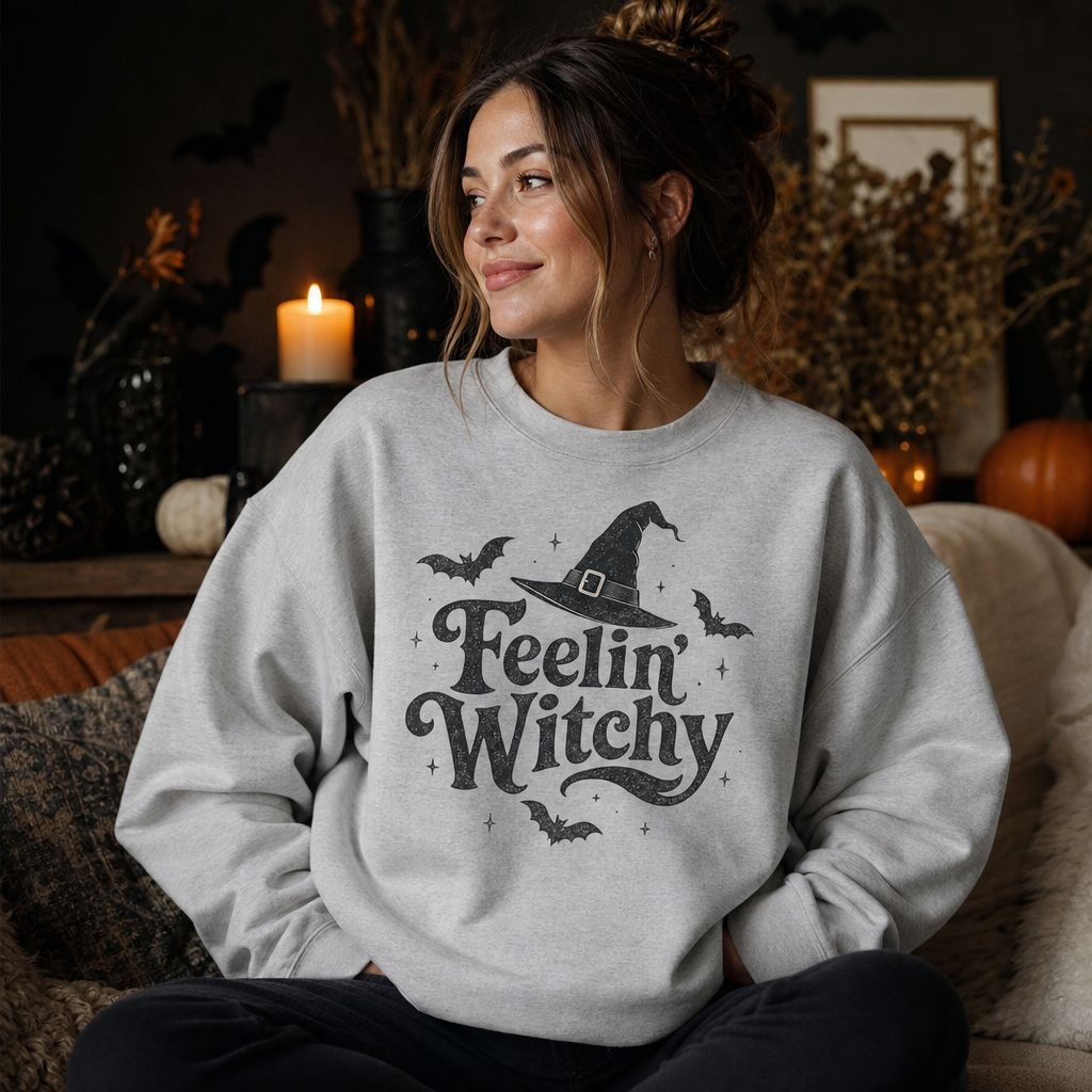 Feelin’ Witchy Halloween Sweatshirt | Black Cat Spooky Season Crewneck