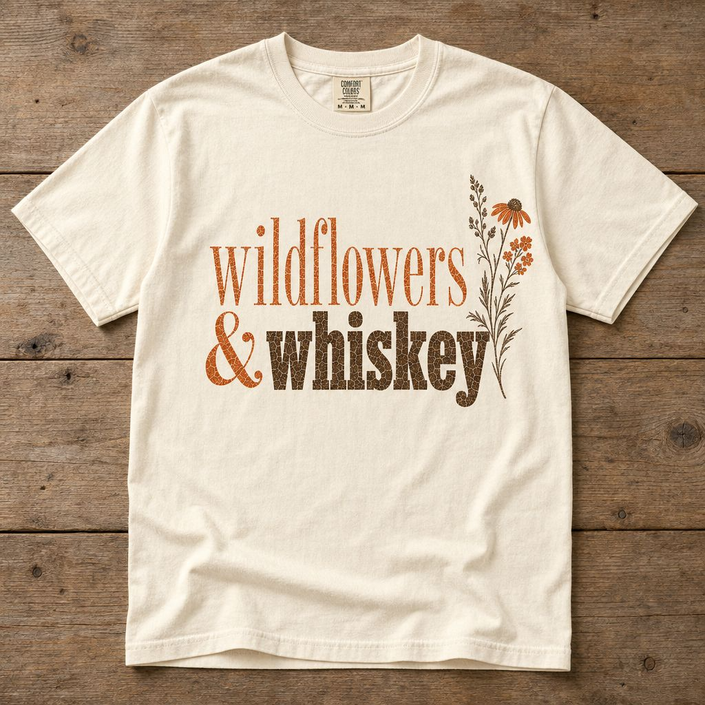 Wildflowers & Whiskey Comfort Colors T-Shirt – Rustic Western Floral Tee