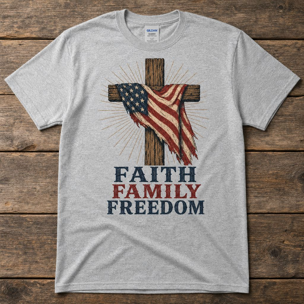 Faith Family Freedom Christian T-Shirt | American Flag Cross Patriotic Tee