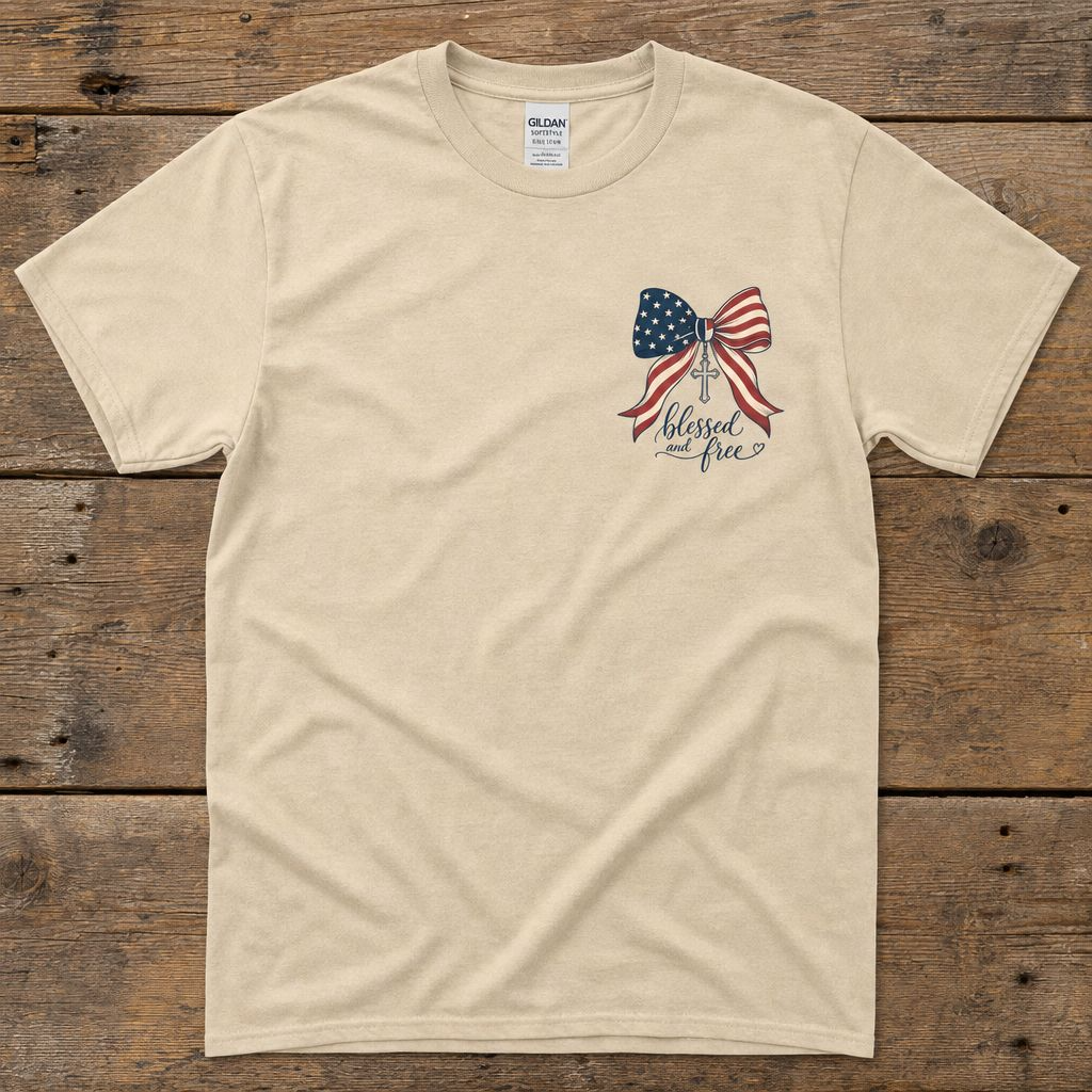 Blessed and Free Patriotic Christian T-Shirt | American Flag Bow Tee