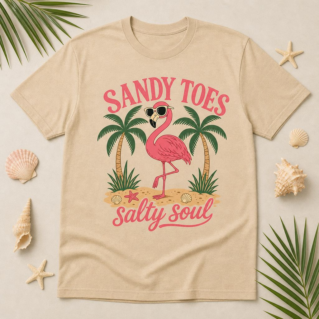 Sandy Toes Salty Soul T-Shirt – Flamingo Beach Vacation Graphic Tee