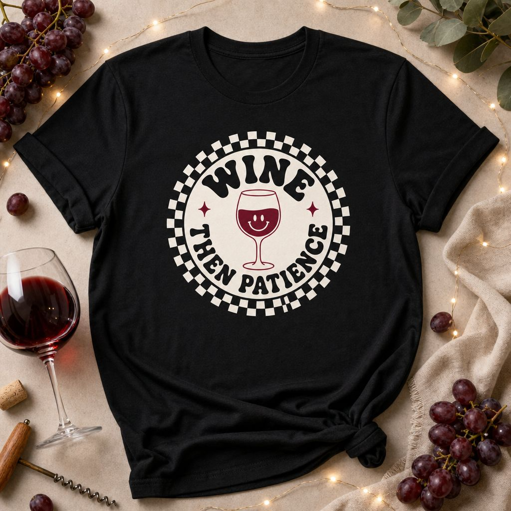 Funny Wine Shirt – “Wine Then Patience” Retro Graphic Tee