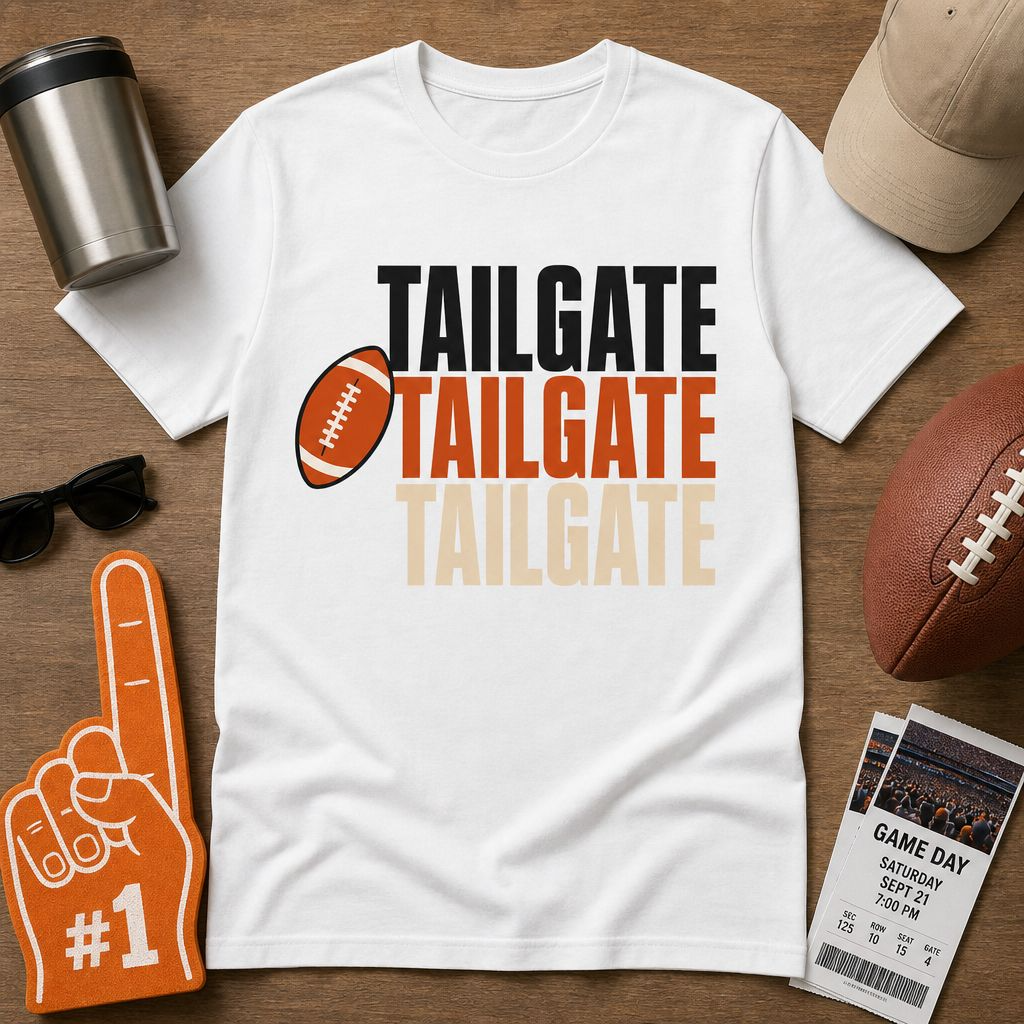 Tailgate Repeat Football T-Shirt — "TAILGATE" Stacked Graphic Tee