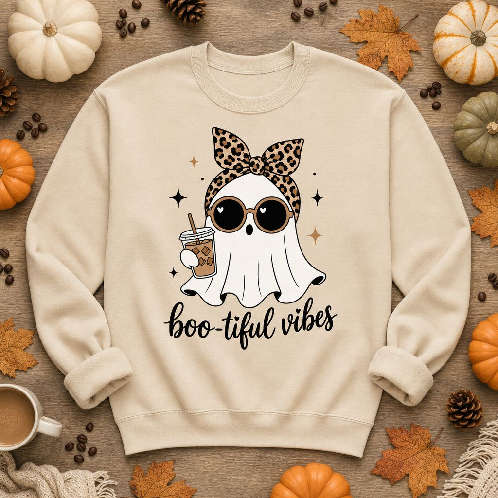 Halloween Ghost Sweatshirt – “Boo-tiful Vibes” Leopard Crewneck