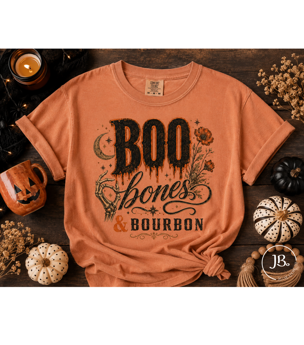 Boo, Bones & Bourbon T-Shirt — Comfort Colors-Halloween Gothic Whiskey Graphic Tee