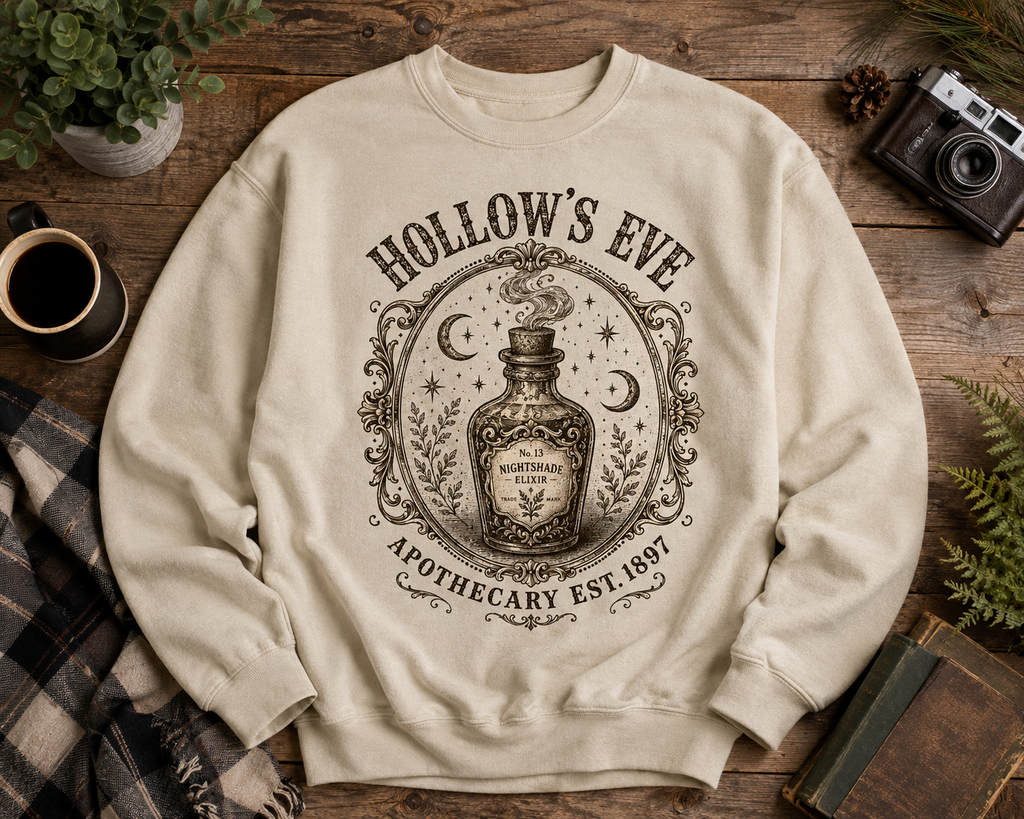 Hollow's Eve Apothecary Sweatshirt — Vintage Potion Bottle Graphic