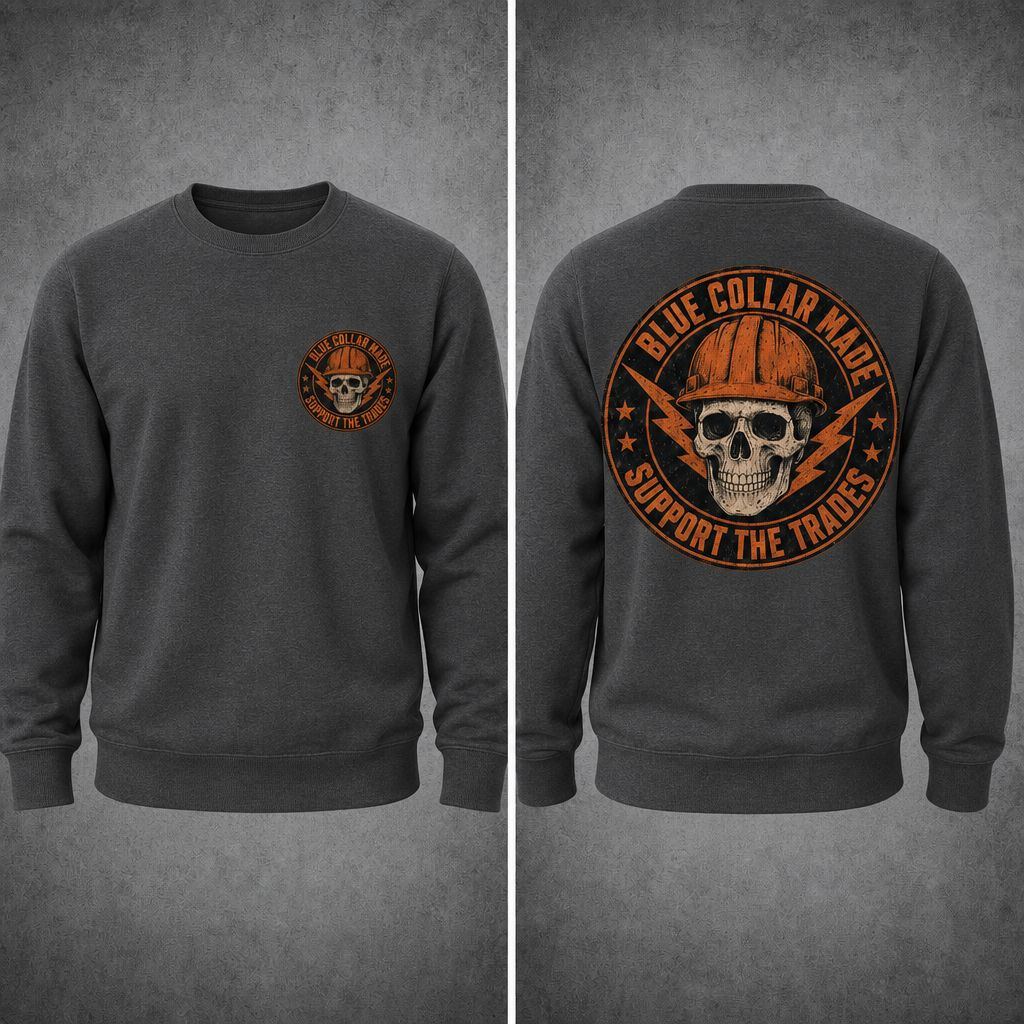 Blue Collar Sweatshirt – Support the Trades Skull Hardhat Crewneck