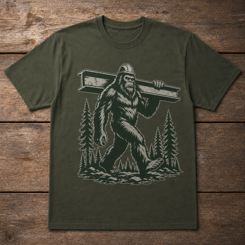 Bigfoot Ironworker T-Shirt – Sasquatch Carrying Beam Construction Tee