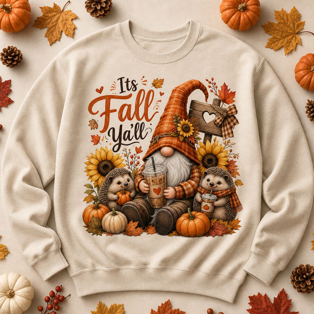 Fall Sweatshirt – “It’s Fall Y’all” Gnome & Hedgehog Crewneck