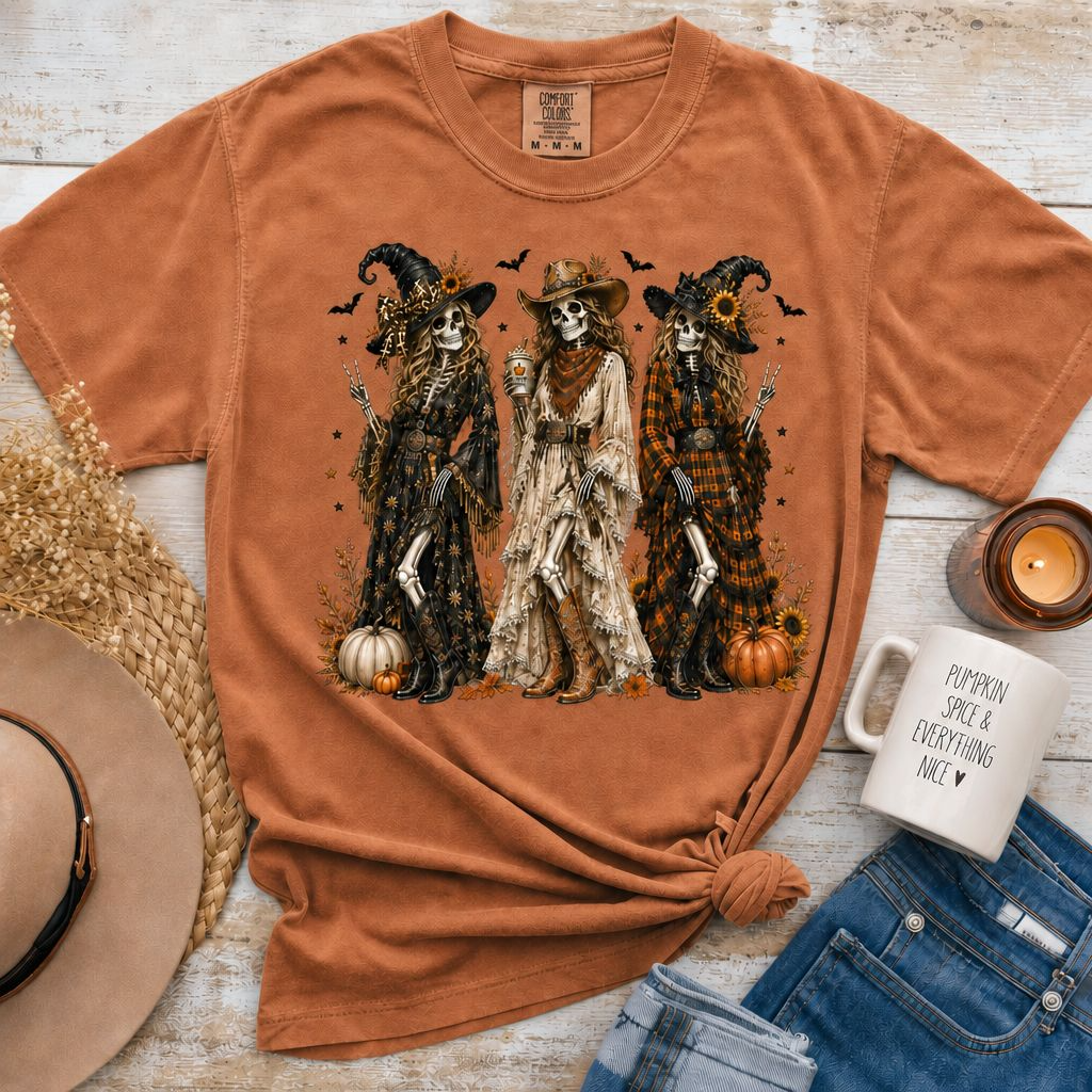 Halloween Witch Trio T‑Shirt — Autumn Pumpkin & Bat Vintage Graphic , Comfort Colors Tee