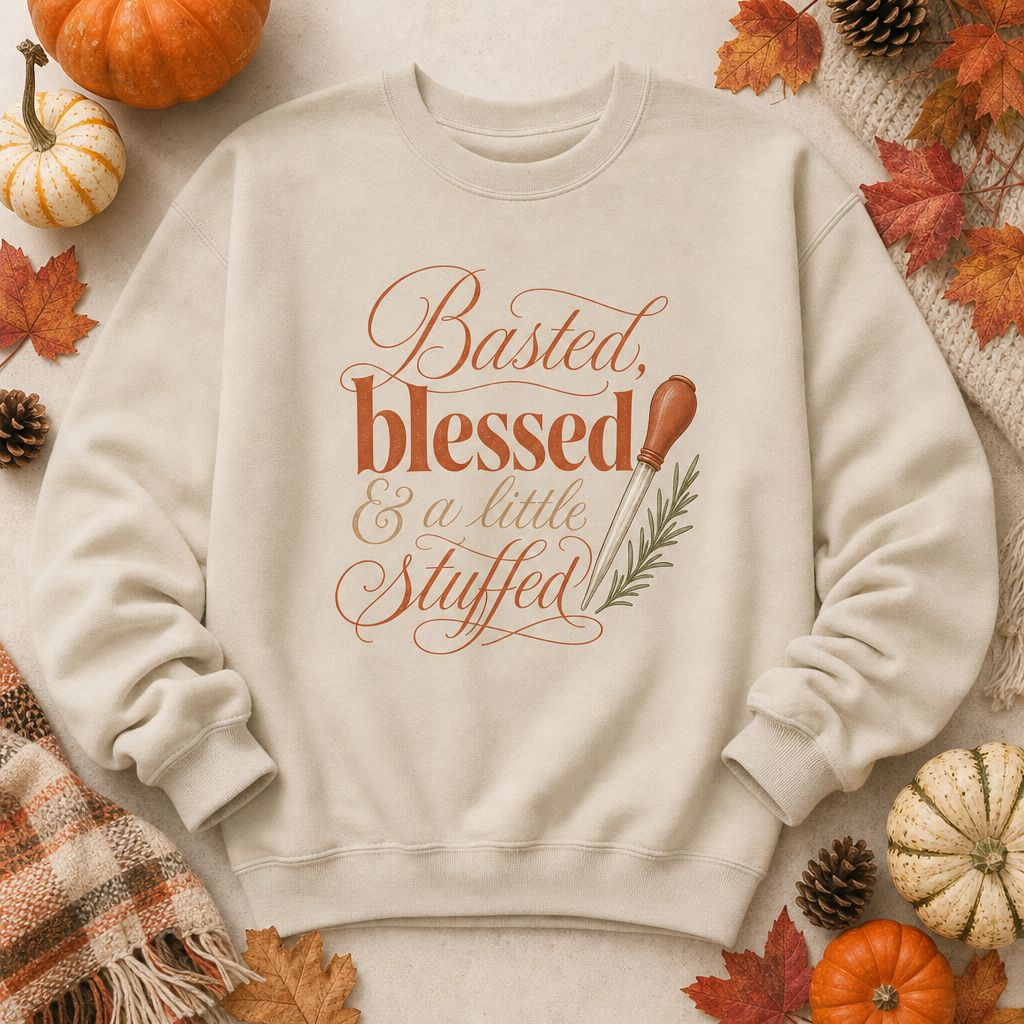 Thankful & Stuffed Sweatshirt — "Basted, Blessed & a Little Stuffed" Thanksgiving Crewneck