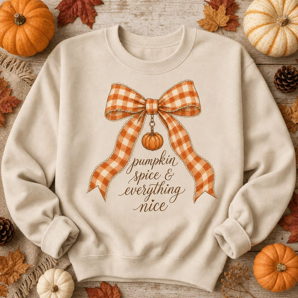 Fall Sweatshirt – “Pumpkin Spice & Everything Nice” Bow Crewneck