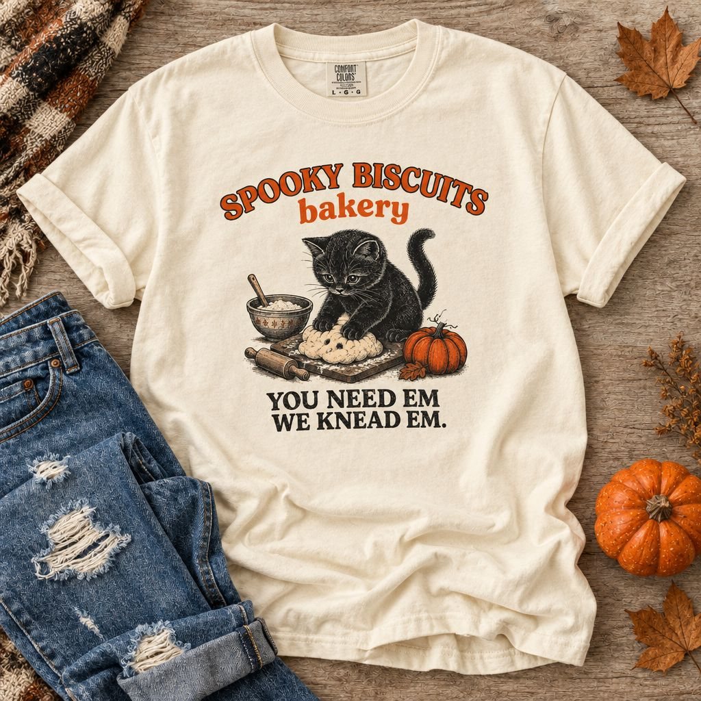 Spooky Biscuits Bakery T-Shirt — "You Need Em, We Knead Em" Halloween Cat Tee