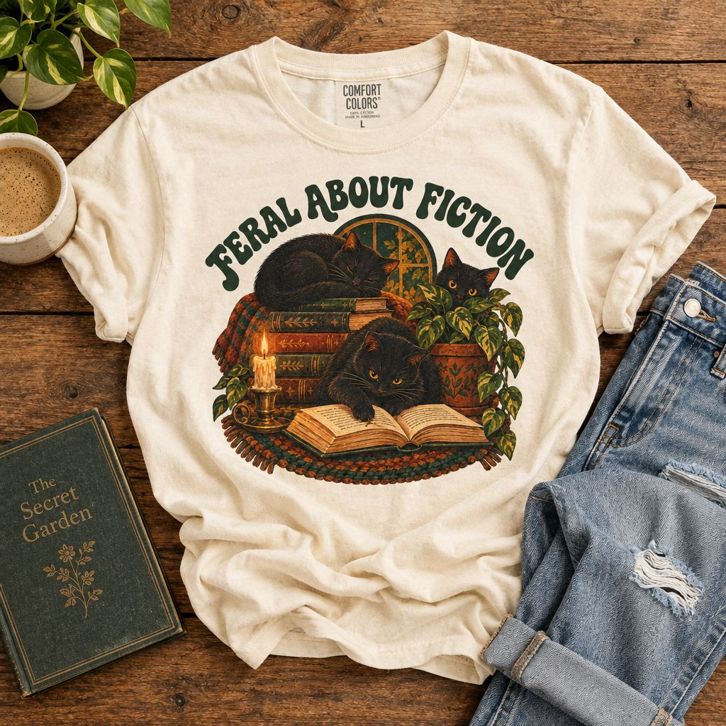 Feral About Fiction Shirt | Cat Book Lover Tee | Bookish Reader T-Shirt | Literary Gift for Women | Reading Lover Shirt