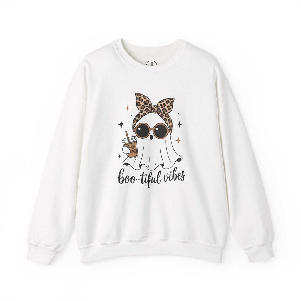 Halloween Ghost Sweatshirt – “Boo-tiful Vibes” Leopard Crewneck
