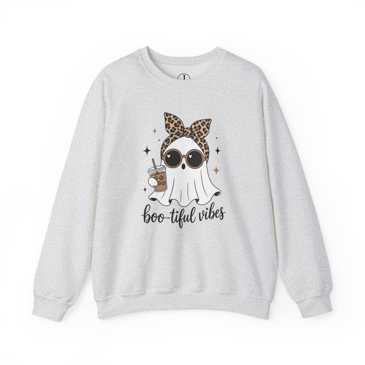 Halloween Ghost Sweatshirt – “Boo-tiful Vibes” Leopard Crewneck