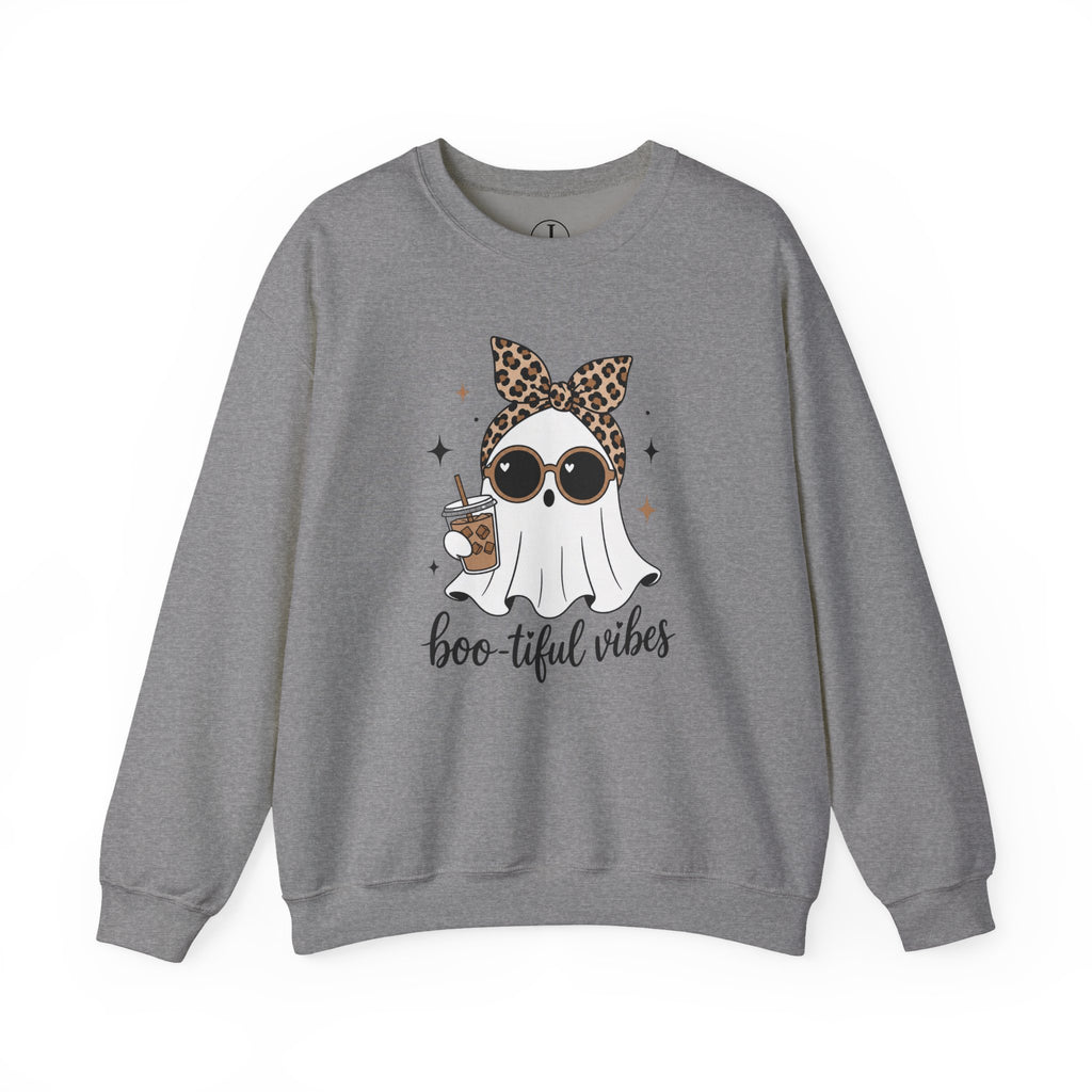 Halloween Ghost Sweatshirt – “Boo-tiful Vibes” Leopard Crewneck