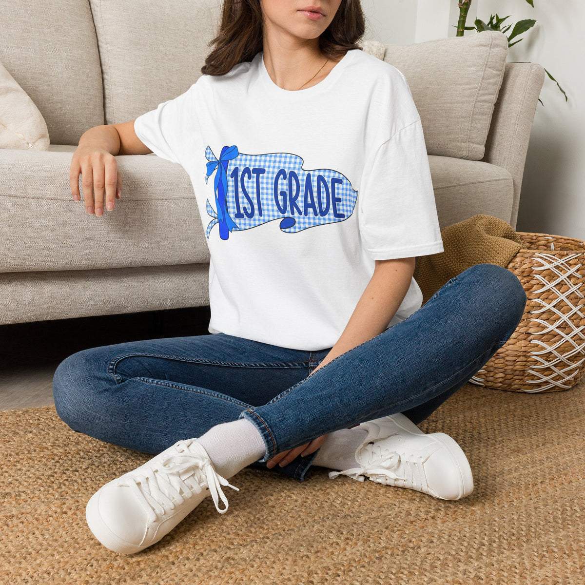 First Grade Teacher Shirt – Blue Gingham Pencil Back to School Tee