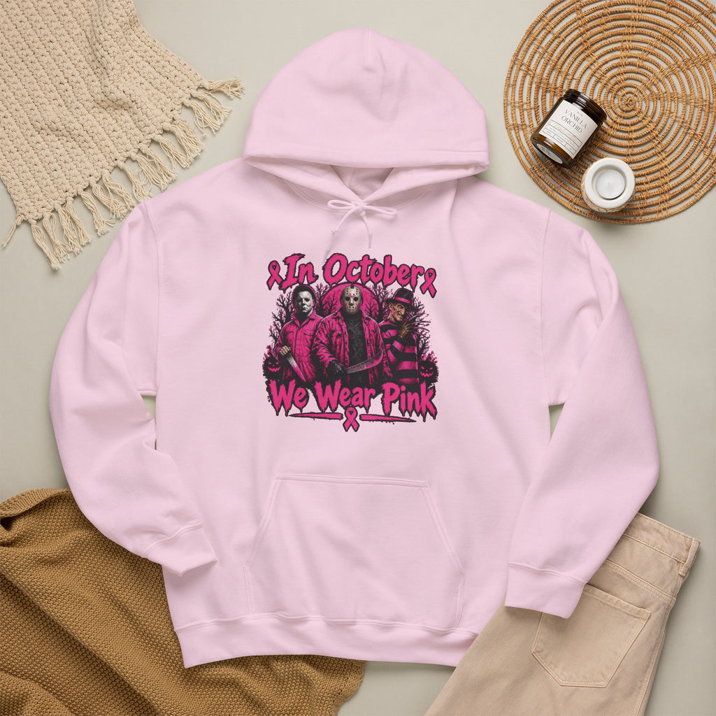 In October We Wear Pink Hoodie – Horror Season Iconic Halloween Villains — Breast Cancer Awareness Hoodie —Pink Out