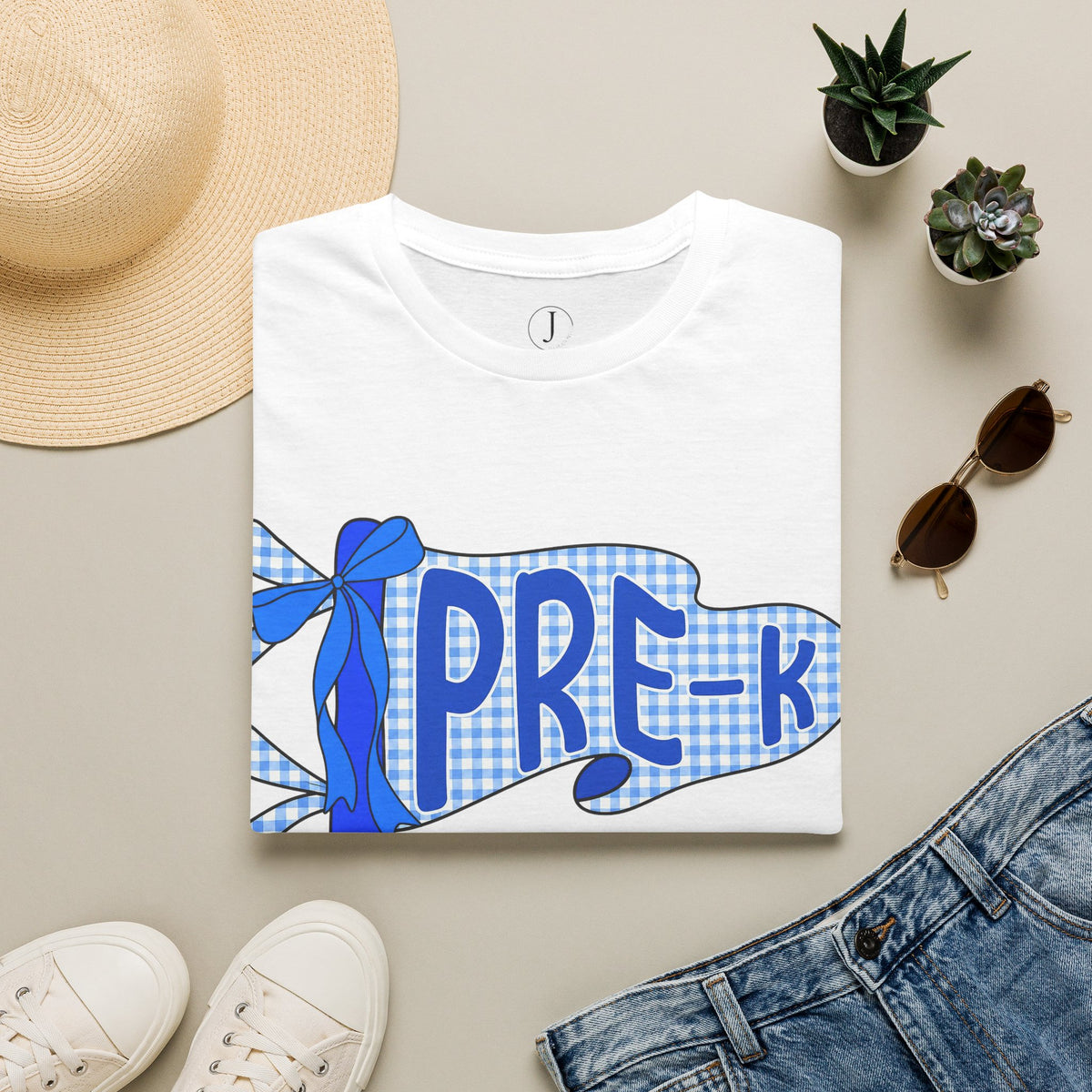 Pre-K Teacher Shirt – Blue Gingham Ribbon Back to School Tee