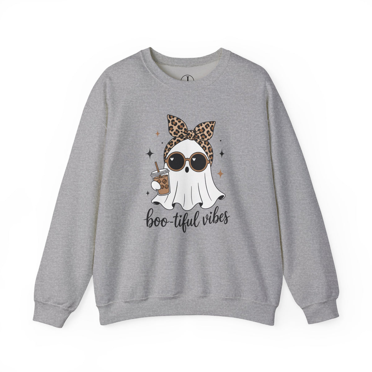 Halloween Ghost Sweatshirt – “Boo-tiful Vibes” Leopard Crewneck