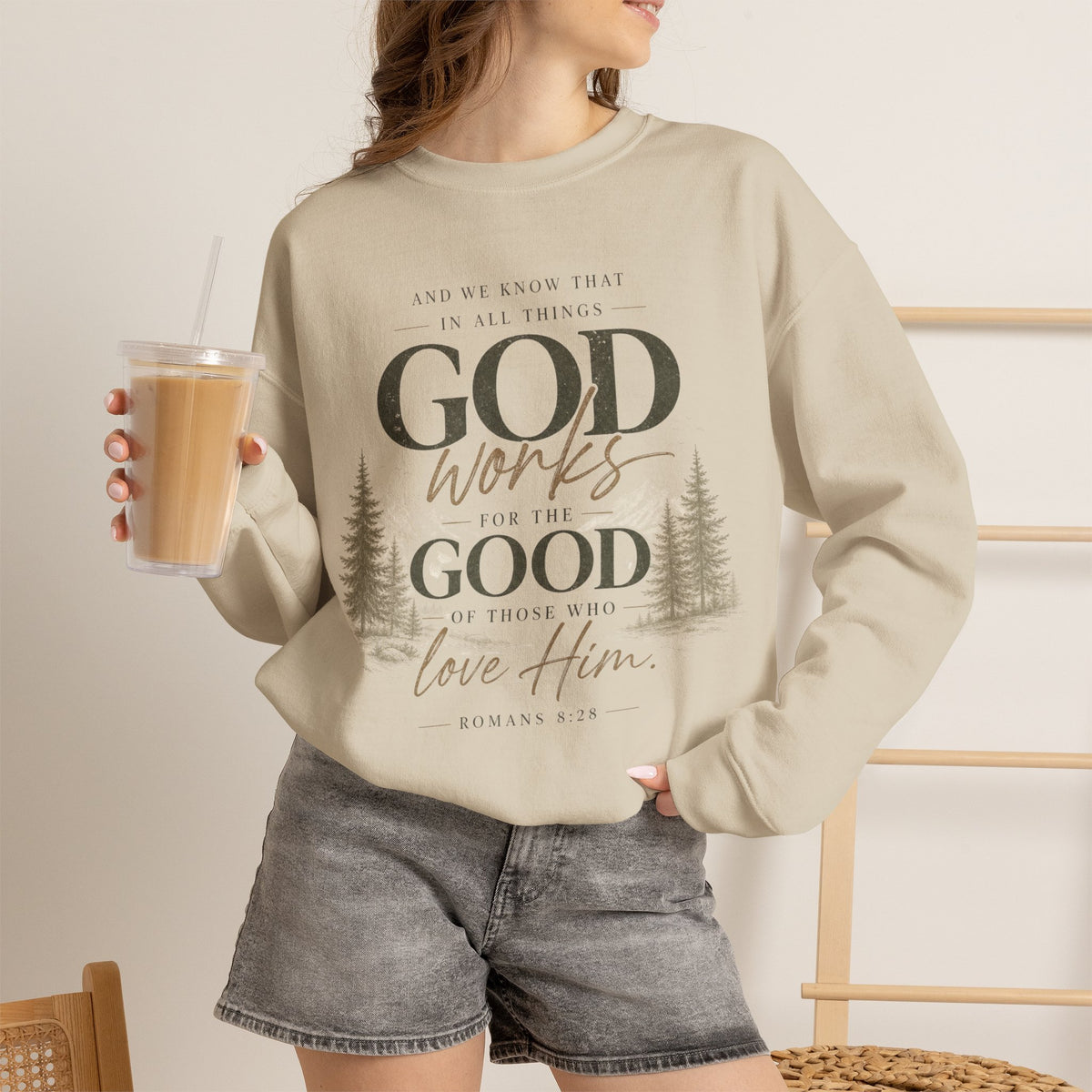 God Works for Good Christian Sweatshirt | Romans 8:28 Faith Crewneck for Women